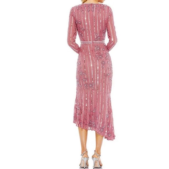 Mac Duggal $558 93627 Long Sleeve Pink Beaded Sequins Asymmetric Dress Gown - Picture 9 of 9